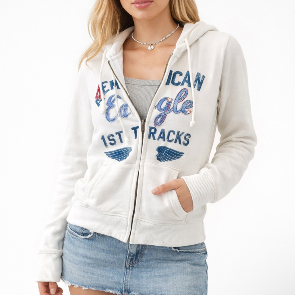 Y2K AMERICAN EAGLE Spell Out Graphic Logo Zip Up Hoodie Skater Mall Preppy Sz M